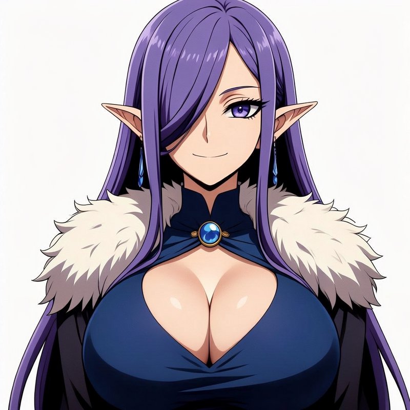 Anime bust portrait of a regal female elf with long purple hair, pointed ears, and blue fur-trimm...