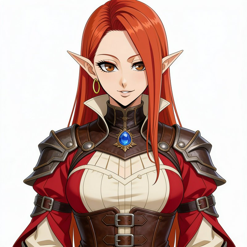Anime portrait of a confident female elf adventurer with long red hair, pointed ears, and detaile...