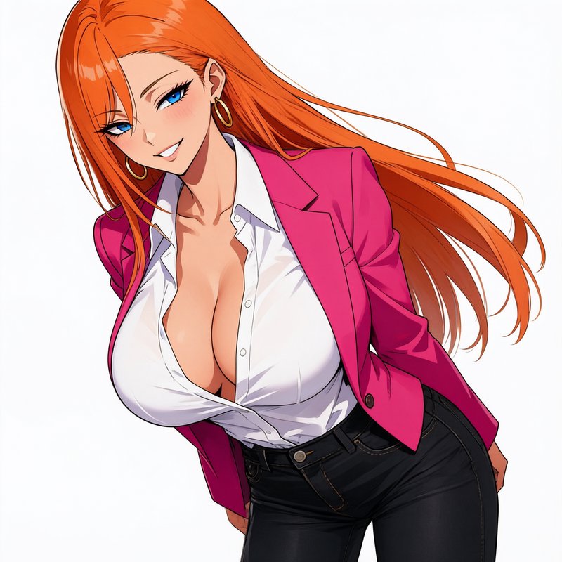 Anime illustration of a confident smiling woman with long orange hair, pink blazer, and casual outfit on a plain white bac...