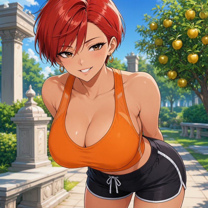 Anime style portrait of a smiling woman with short red hair in athletic wear, standing in a sunny...