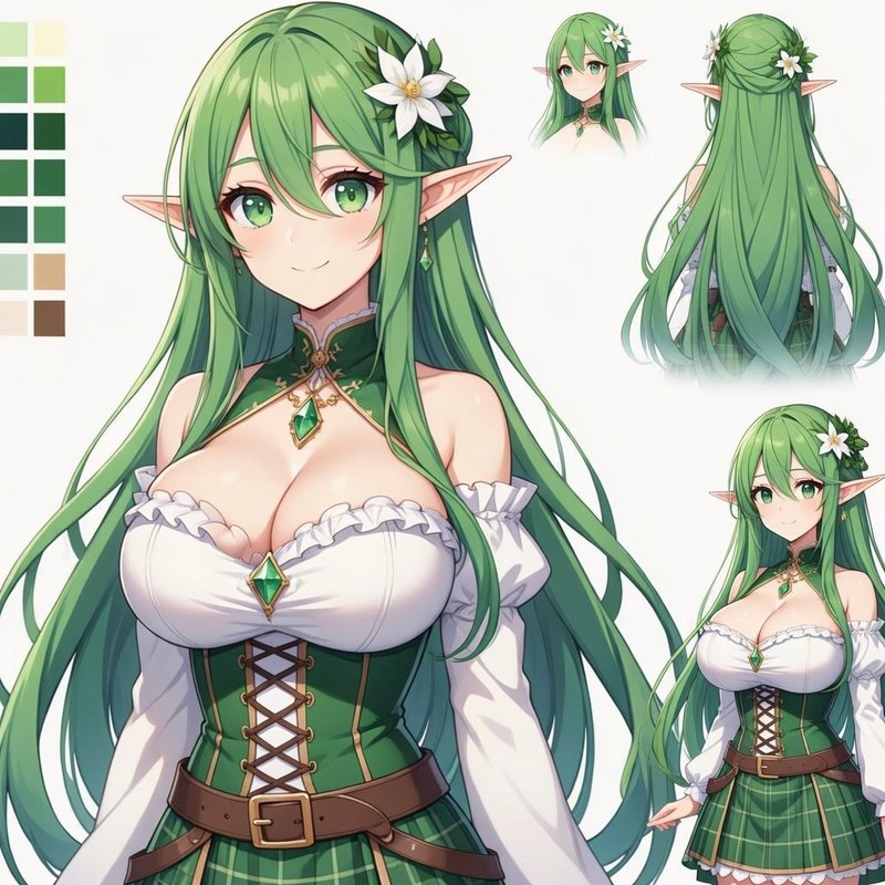 Anime character reference sheet showing turnaround views of a female forest elf with long green h...