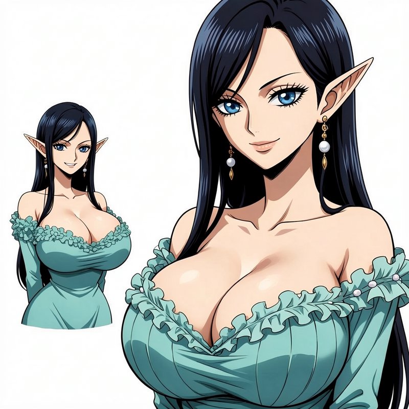 Anime style female elf character reference, closeup and full bust view, long black hair, teal ruf...