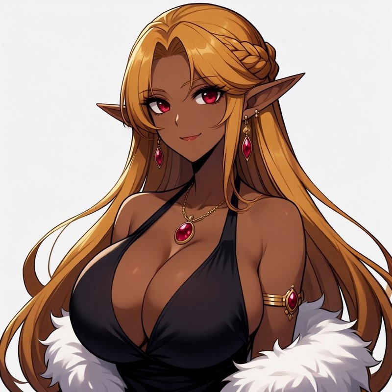Bust portrait of elegant dark-skinned anime elf woman with golden hair, red eyes, and matching ru...