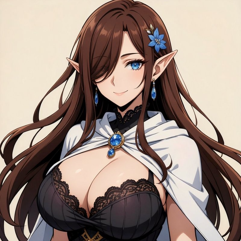 Anime portrait of elegant female fantasy elf with long brown hair, bright blue eyes, and matching...