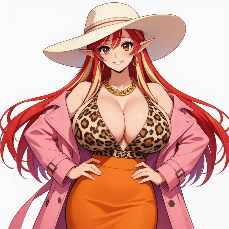 Anime female elf with streaked red hair, wide sun hat, bold casual outfit, smiling with hands on ...