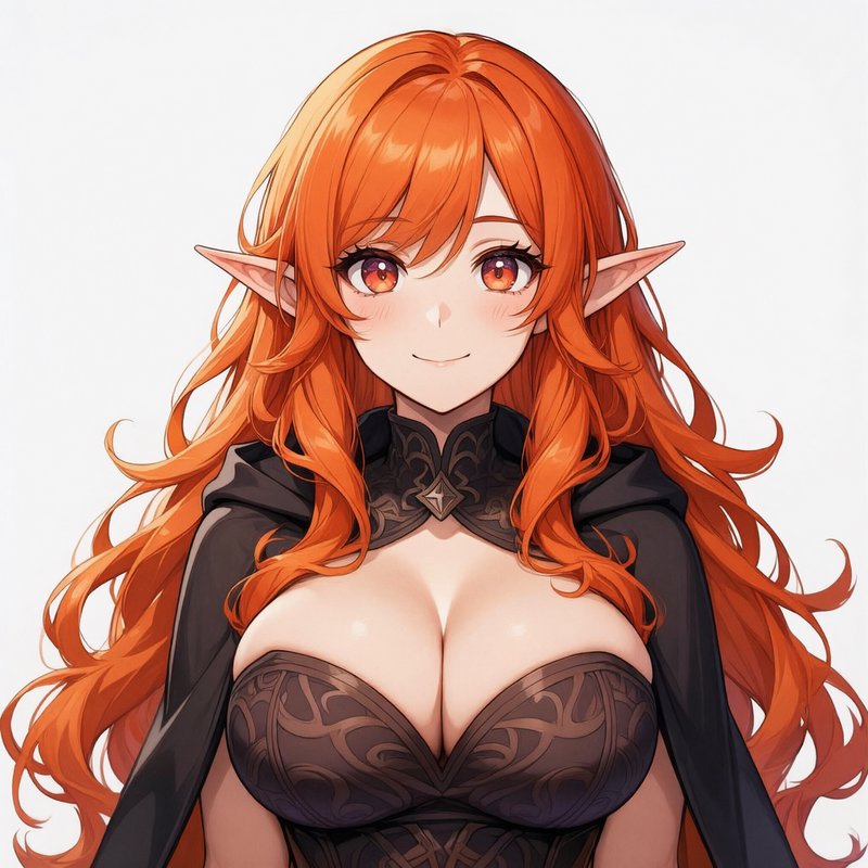 Smiling anime female elf with long wavy orange hair, pointed ears, and ornate dark fantasy attire.