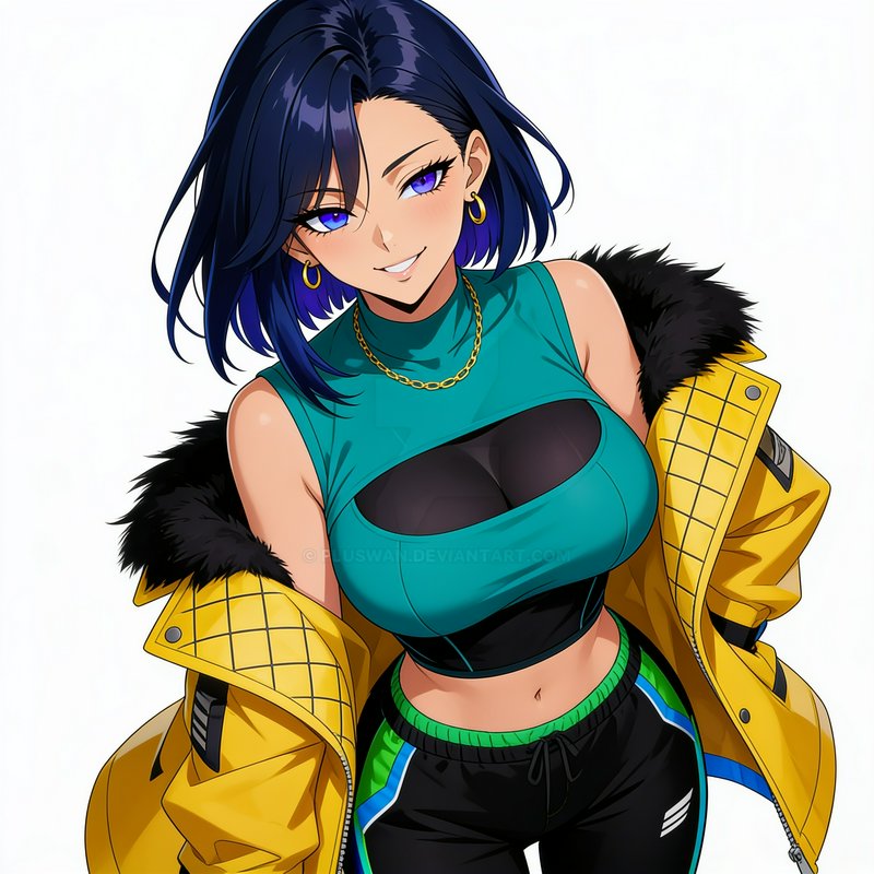 Stylish anime young woman with short dark blue hair, purple eyes, and yellow fur-trimmed jacket s...