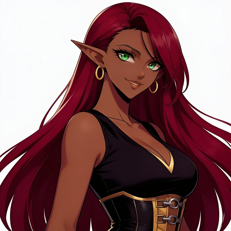 Anime portrait of a dark-skinned female elf with long red hair, bright green eyes, gold hoops, an...