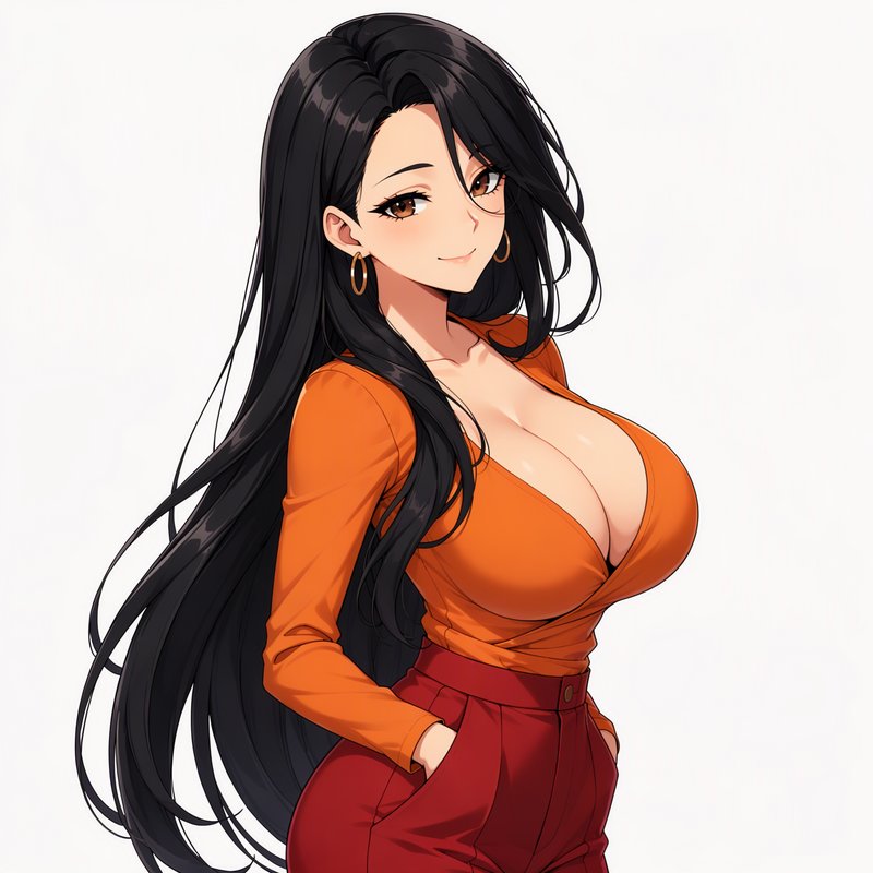 Anime illustration of a poised woman with long shiny black hair, orange top, red pants, soft smil...