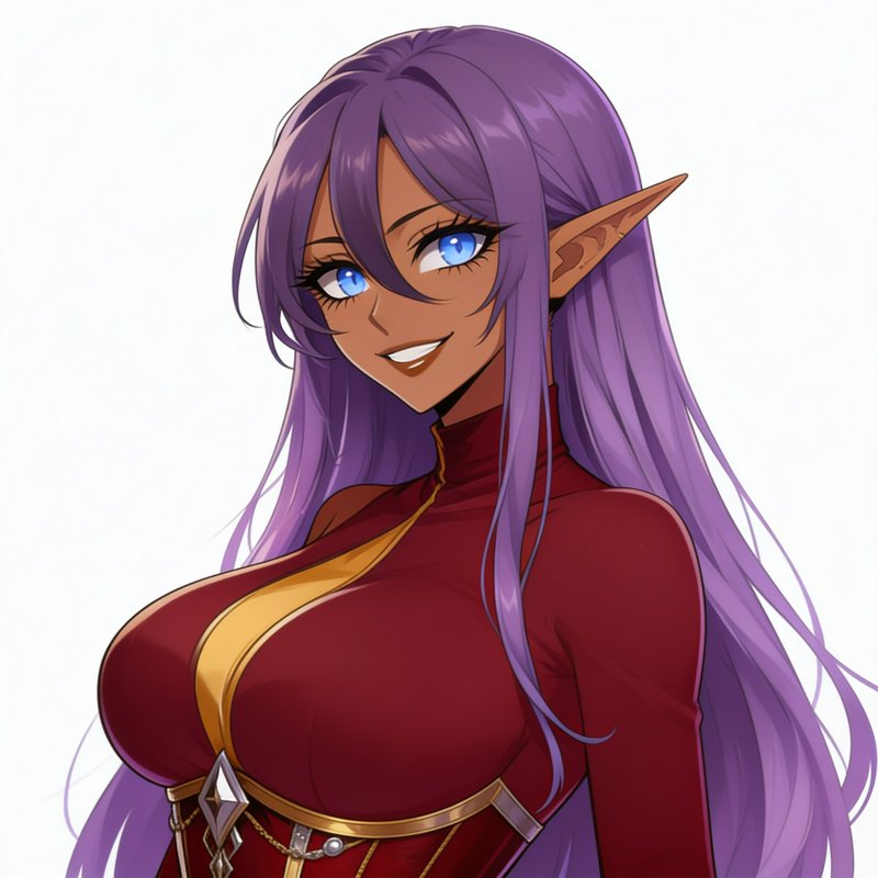 Anime portrait of a dark-skinned elf woman with long purple hair, bright blue eyes, and red fanta...