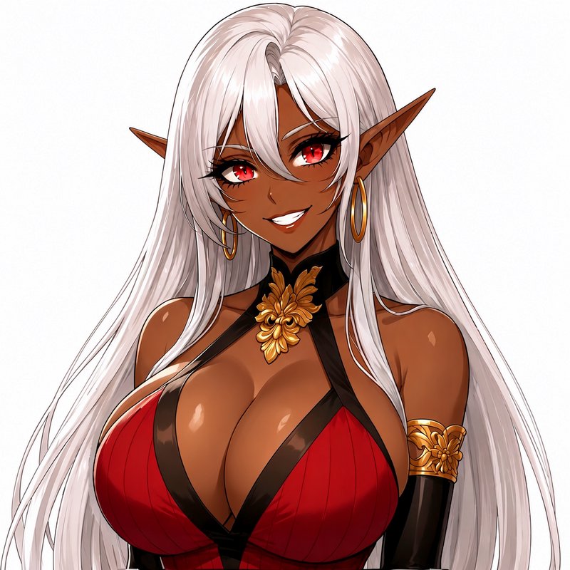 Anime portrait of a confident dark-skinned dark elf woman with long white hair, bright red eyes, ...
