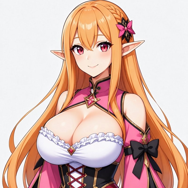 Anime portrait of a smiling elf woman with long orange hair, pointed ears, pink eyes, fantasy out...