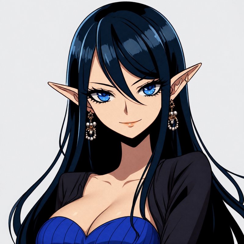 Anime bust portrait of elegant female elf with long dark blue hair, bright blue eyes, and ornate ...