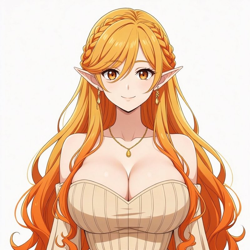 Anime portrait of a smiling female elf with long gradient golden-orange hair and delicate gold je...