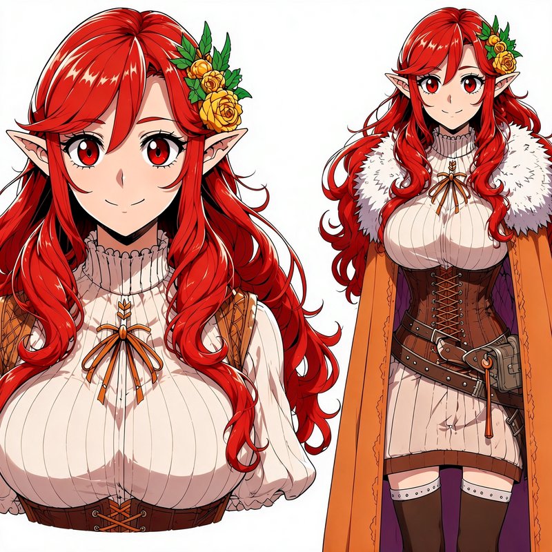 Two-view anime character reference sheet of a red-haired female elf with yellow rose hair accesso...
