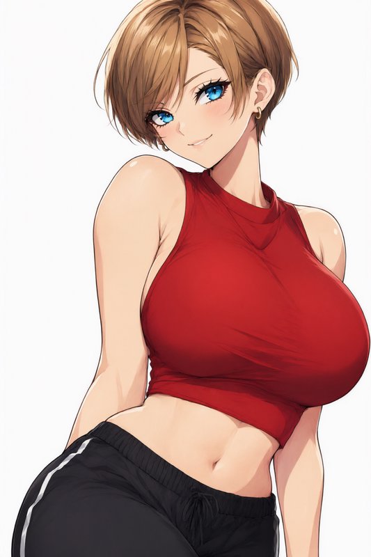 Anime illustration of a smiling young woman with short brown hair, bright blue eyes, and red crop...