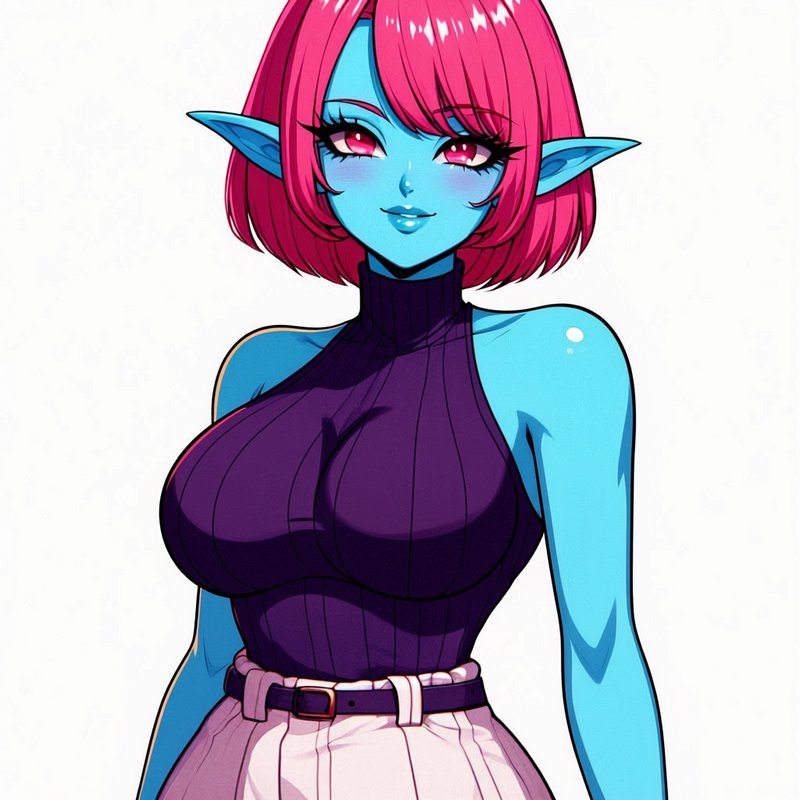 Cel shaded anime portrait of blue-skinned elf woman with bright pink bob hair and magenta eyes, s...
