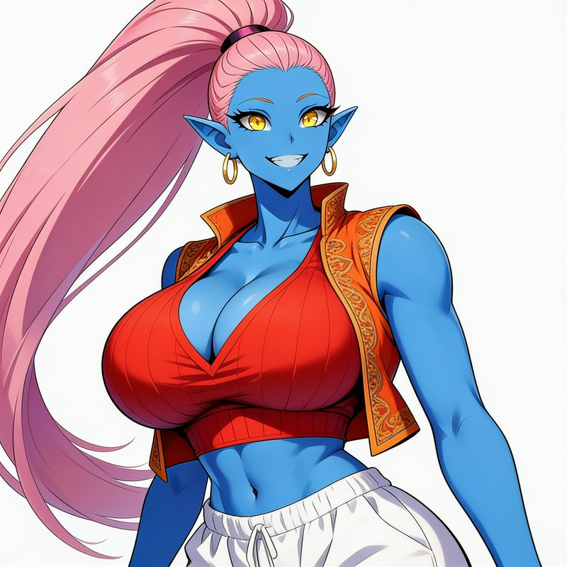 Anime portrait of a smiling blue-skinned elf woman with long pink ponytail, golden eyes, on plain...