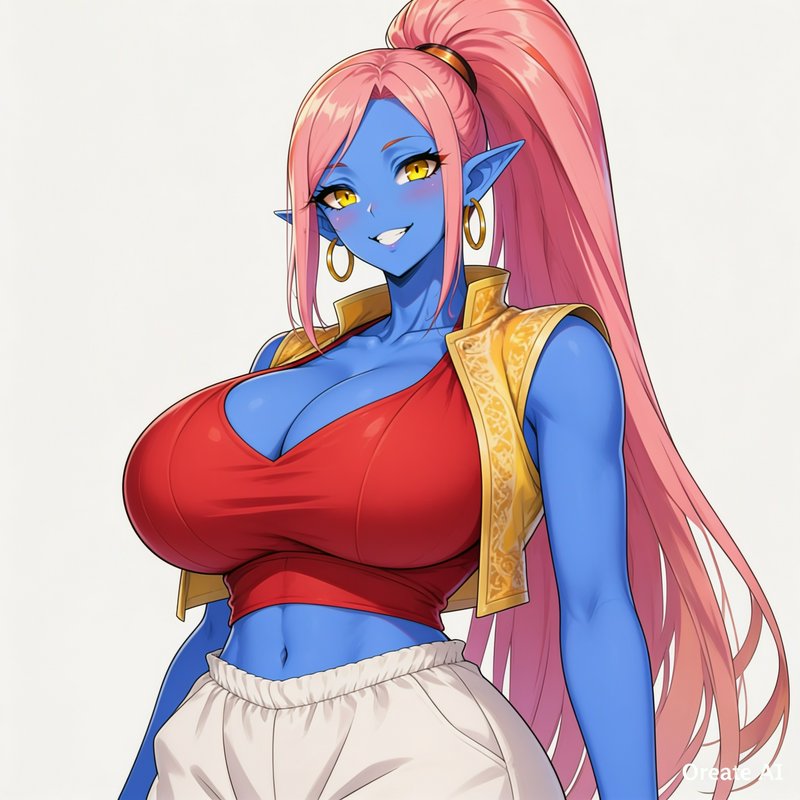 Anime portrait of a blue-skinned elf woman with long pink ponytail, smiling, wearing a casual fan...