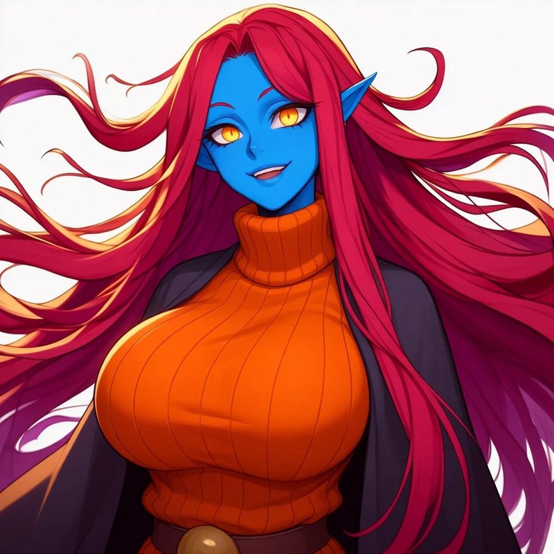 Anime portrait of a blue-skinned elf woman with long flowing red hair, golden eyes, and an orange...