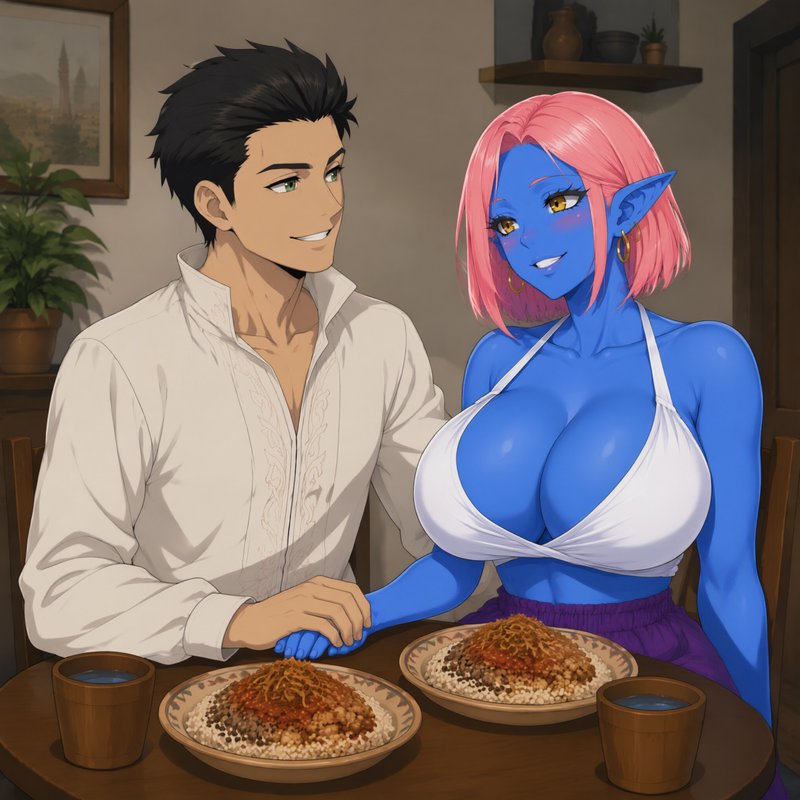 Anime romantic dinner date: human man holds hands with blue-skinned pink-haired elf woman across ...