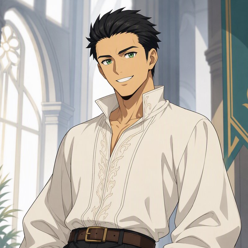 Smiling handsome anime man with spiky black hair, green eyes, wearing an ornate white shirt in a ...