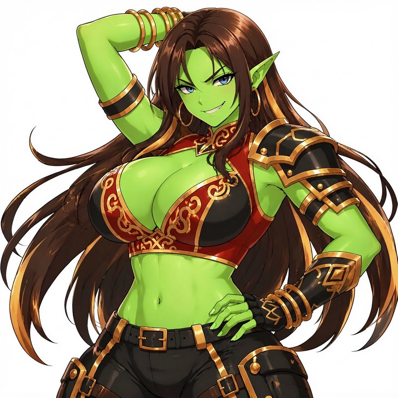 Confident anime-style green-skinned female orc warrior posing against a plain white background