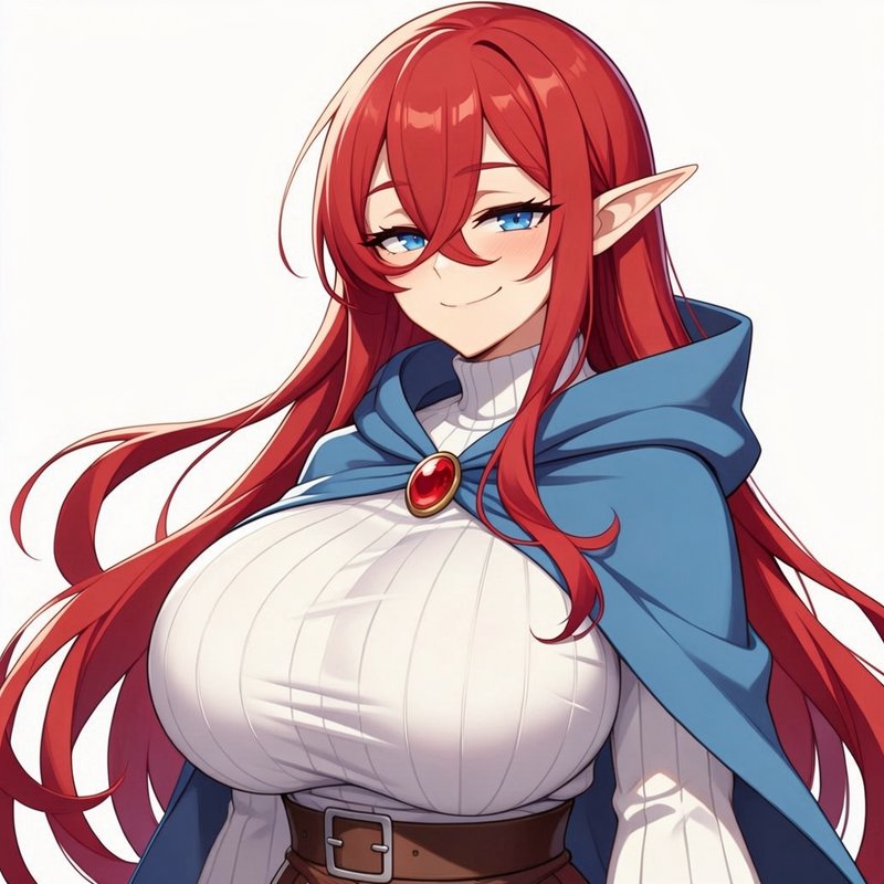 Bust portrait of a smiling anime female elf with long red hair, blue eyes, and blue hooded cloak ...