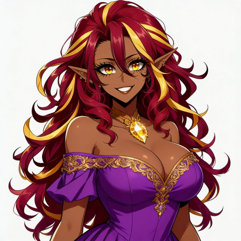 Anime portrait of a smiling dark-skinned female elf with red-gold hair, a purple gown, and ornate...