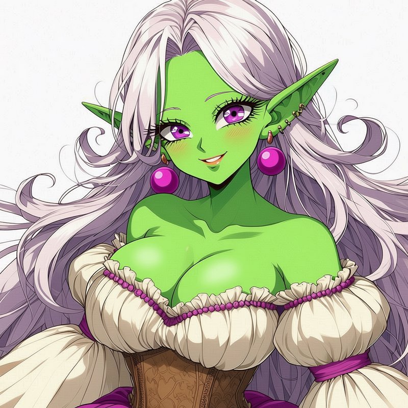 Anime green-skinned elf woman with long pale hair and purple eyes smiles gently at the viewer