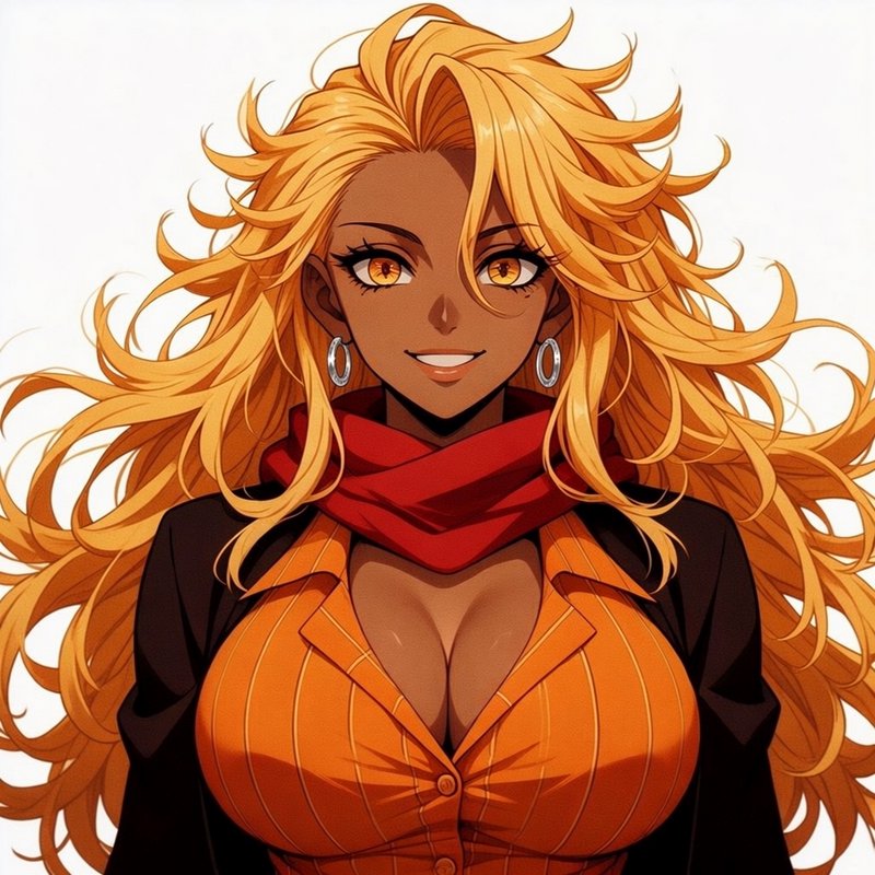 Confident dark-skinned anime woman with voluminous golden hair and warm amber eyes smiling at the viewer