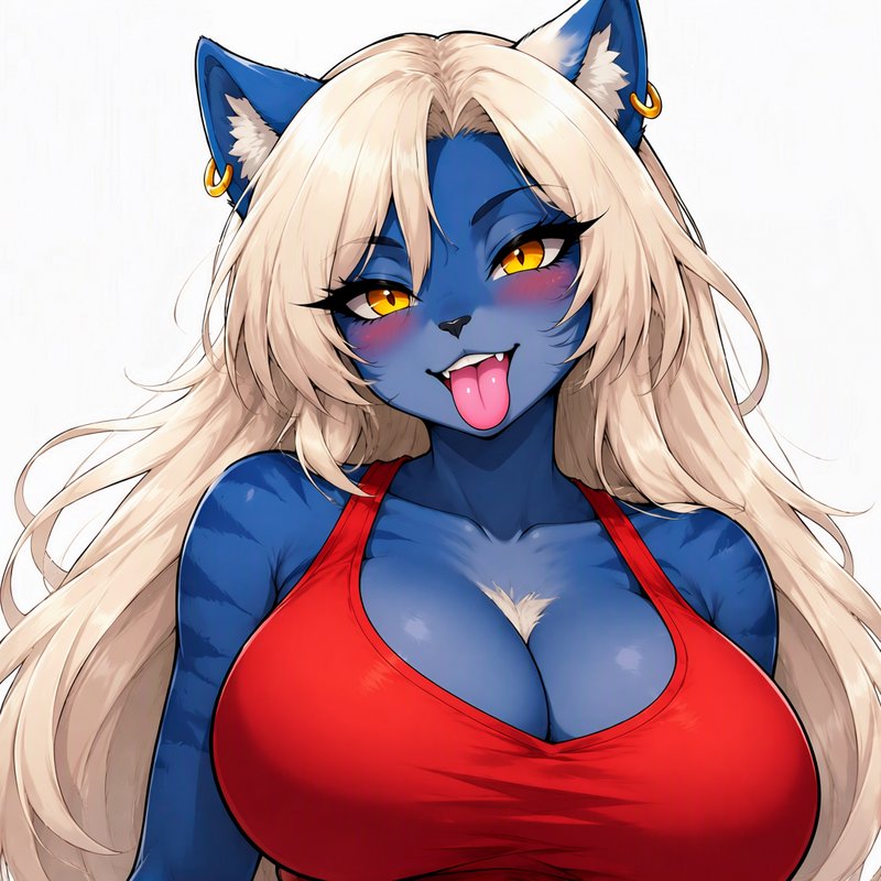 Blue furry anthro catgirl sticking her tongue out with long blonde hair and gold ear piercings
