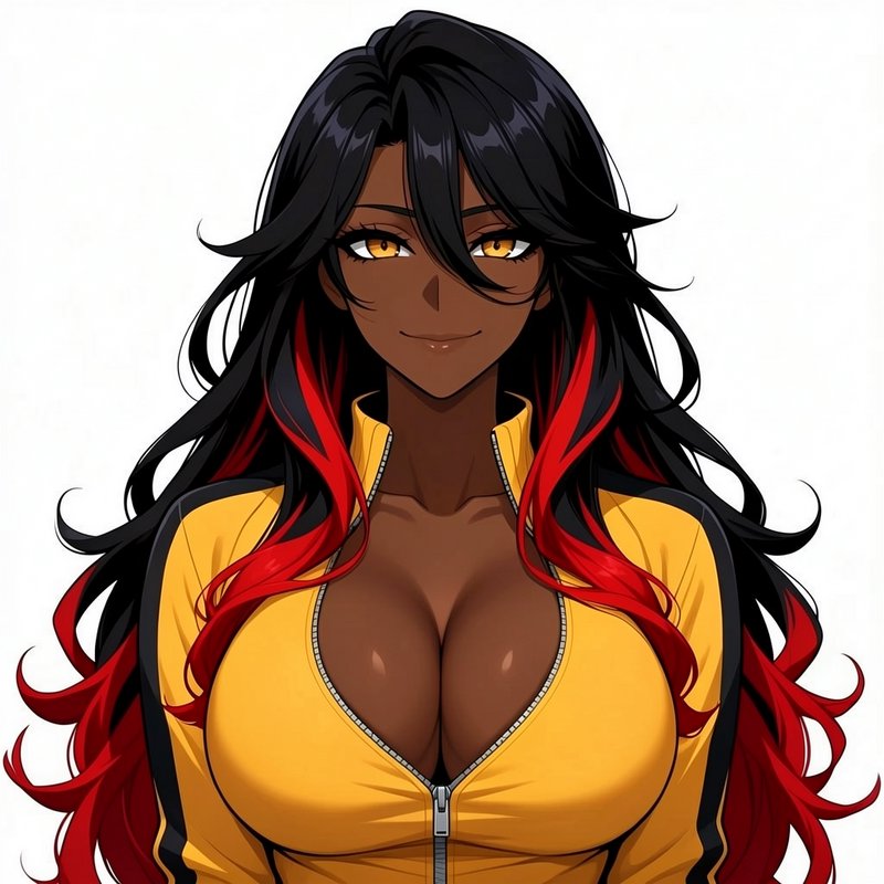 Confident dark-skinned anime woman with red-streaked black hair, golden eyes, and yellow track jacket