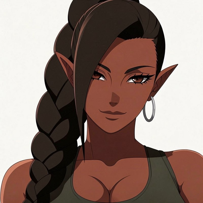 Portrait of a confident dark-skinned anime elf woman with a long thick braid and silver hoop earring