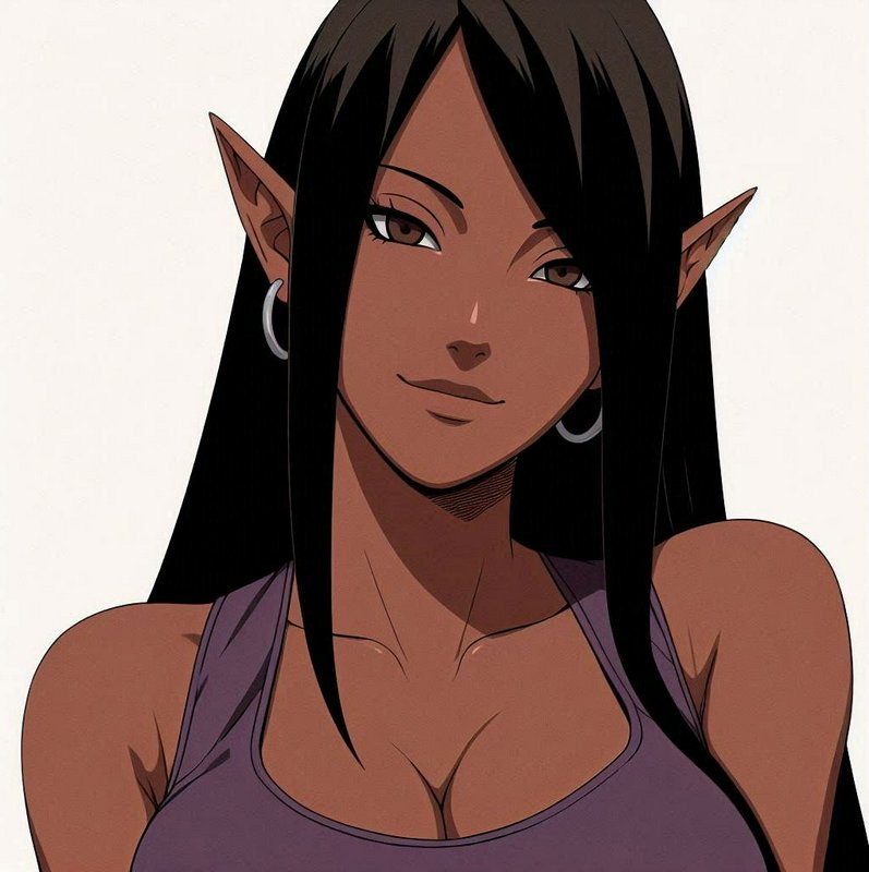 Dark-skinned anime elf woman with long black hair smiles softly at the viewer