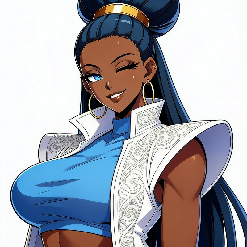 Anime portrait of a confident dark-skinned woman with blue hair winking playfully at the viewer