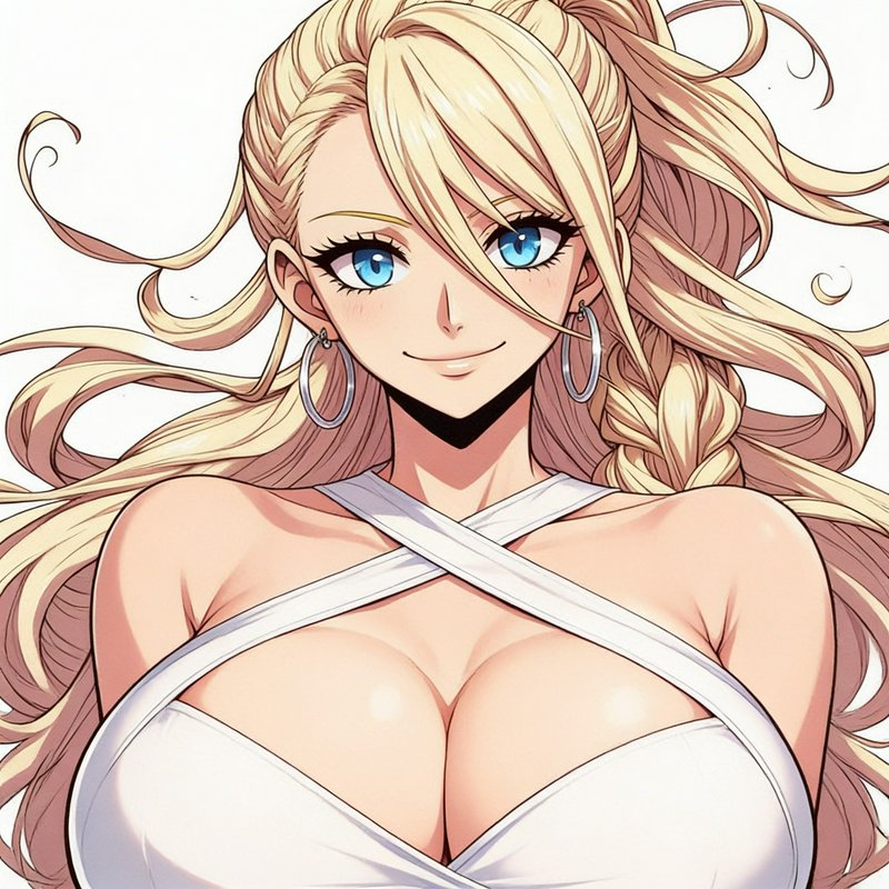 Smiling blonde anime woman with bright blue eyes and silver hoop earrings against a plain white background