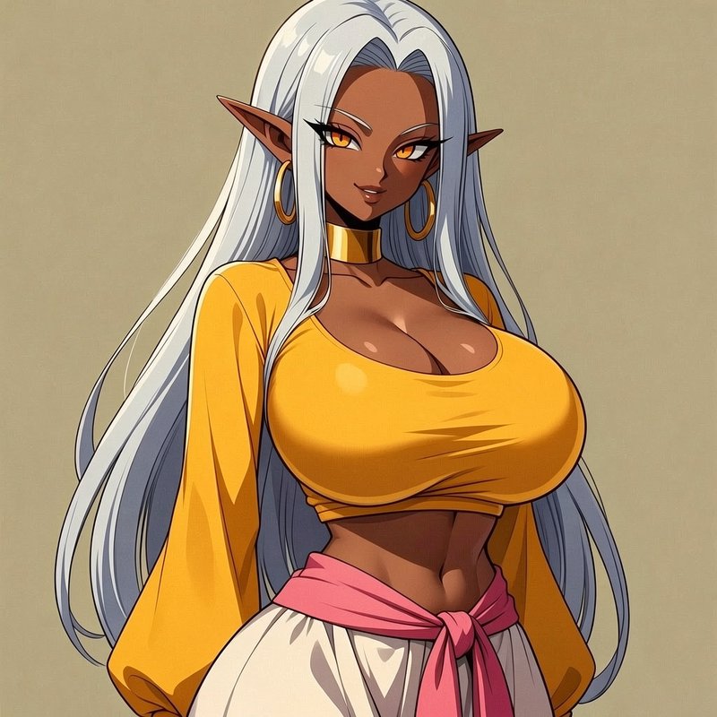 Dark skinned anime elf woman with long silver hair posing in a yellow crop top against a plain beige background