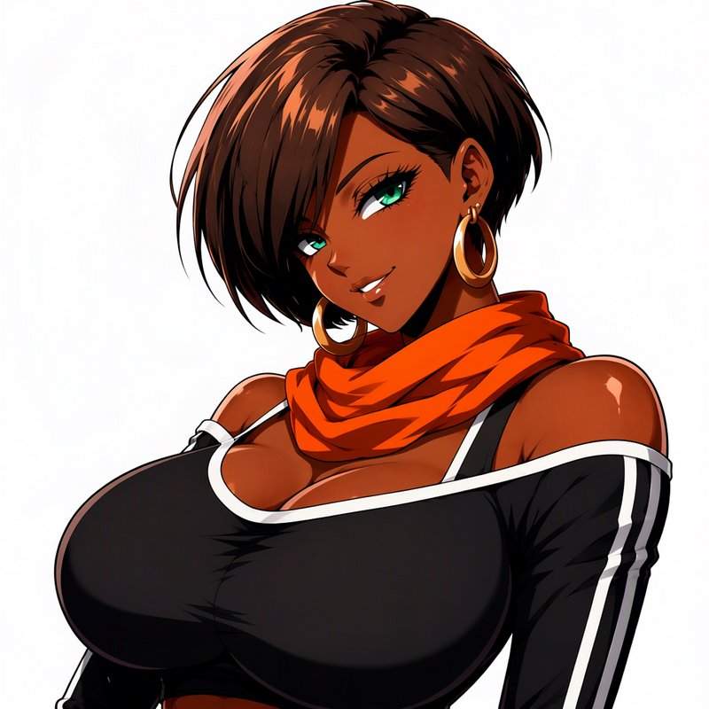 Confident dark-skinned anime woman with short brown hair, green eyes, and orange scarf