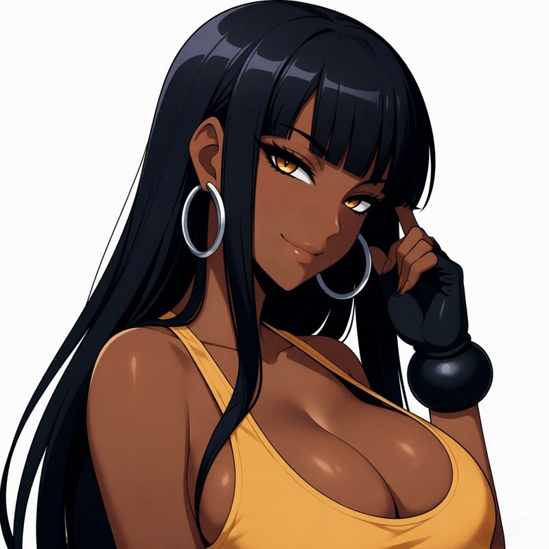 Confident dark-skinned anime woman with long straight black hair smirks at the viewer