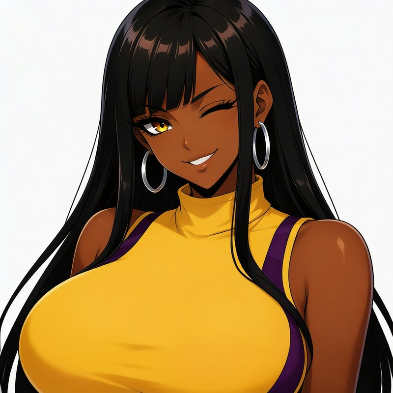 Dark skinned anime woman winking playfully, with long black hair and silver hoop earrings