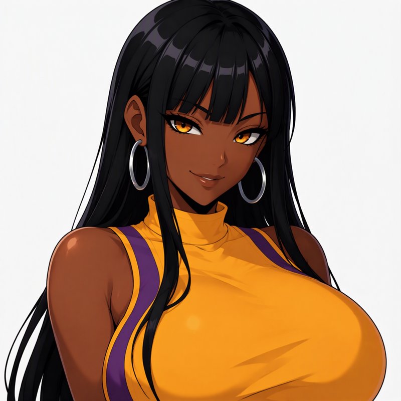 Confident dark-skinned anime woman with long black hair, golden eyes, and silver hoop earrings