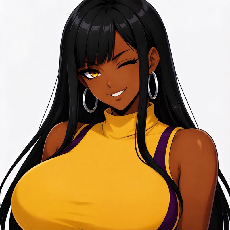 Playful dark-skinned anime woman winking with long straight black hair and silver hoop earrings