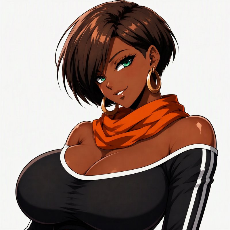 Confident dark skinned anime woman with short brown hair, green eyes, and orange scarf smiles softly toward the viewer