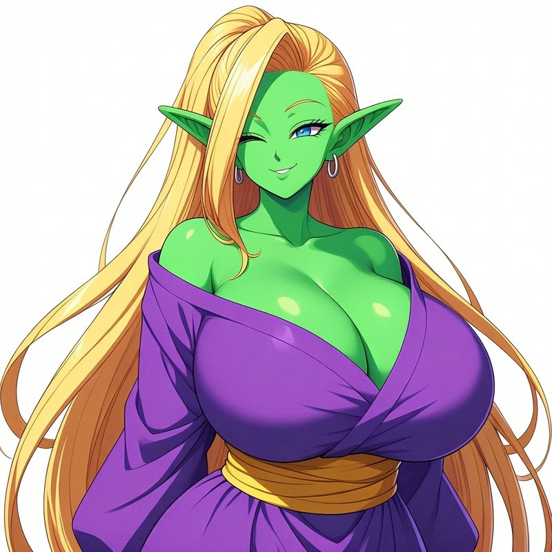 Green skinned anime elf woman winking with long blonde hair and purple robe against a plain white...