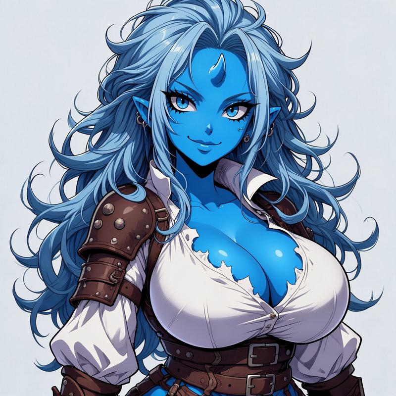 Blue skinned oni adventurer woman with long wavy blue hair, a small forehead horn, and leather ar...