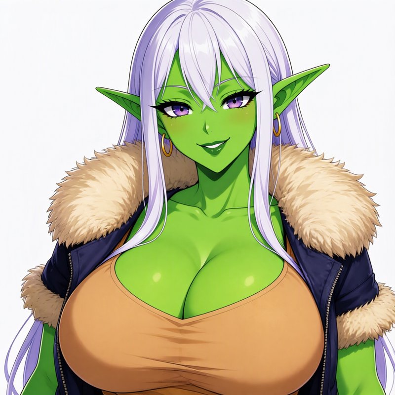 Green skinned anime goblin elf woman with long pale hair, pointed ears, and a fur lined jacket sm...