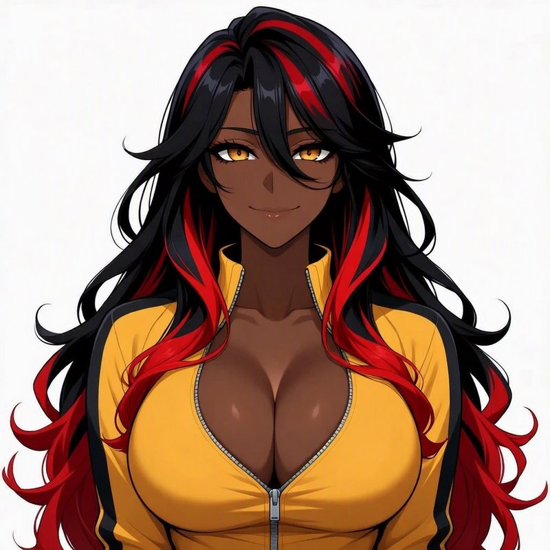 Bust portrait of a dark-skinned anime woman with streaked hair, golden eyes, and a yellow track j...