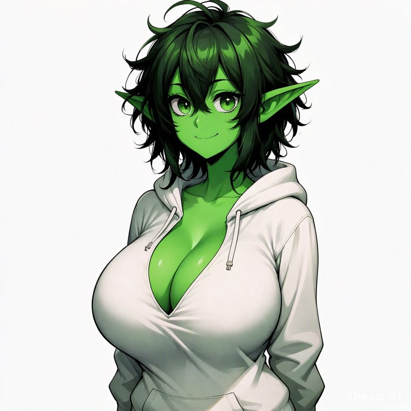 Friendly green skinned goblin girl with pointed ears wears a casual hoodie and smiles gently at t...