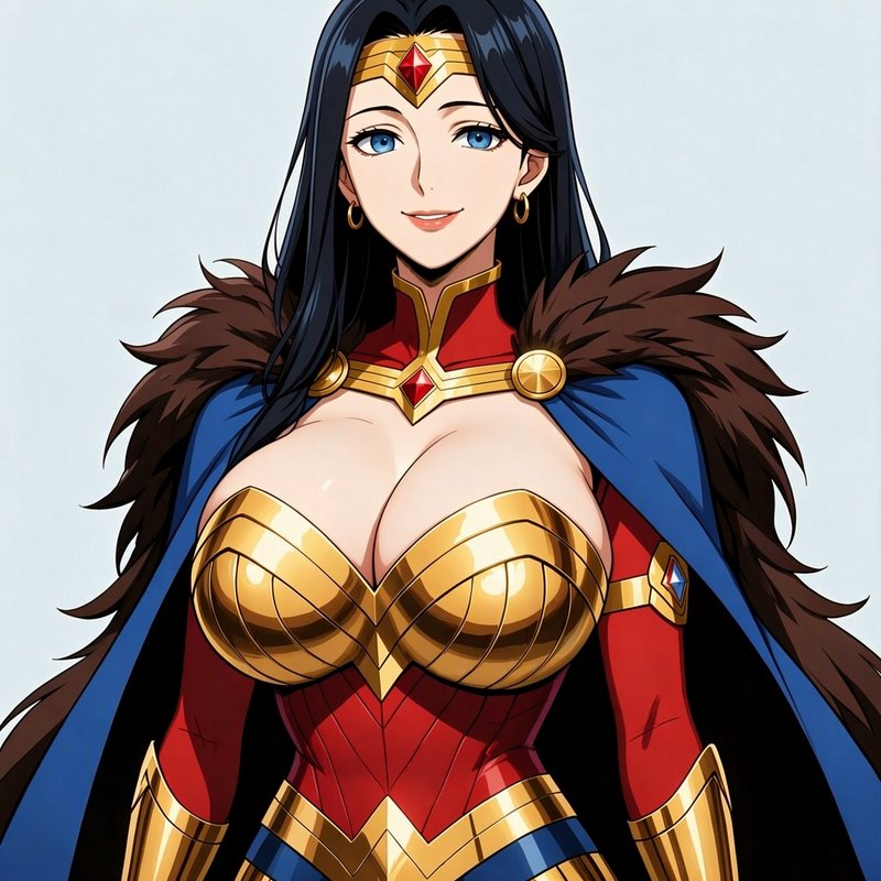 Anime style Wonder Woman with a fur-trimmed blue cape smiles softly at the viewer